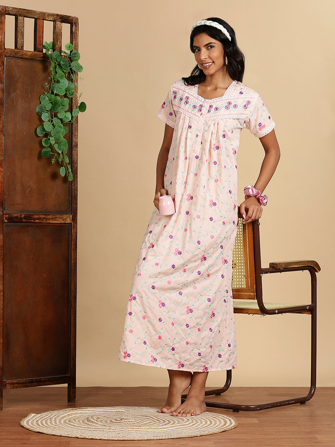 Peach Blossom Pure Cotton Nighty with Floral Embroidery