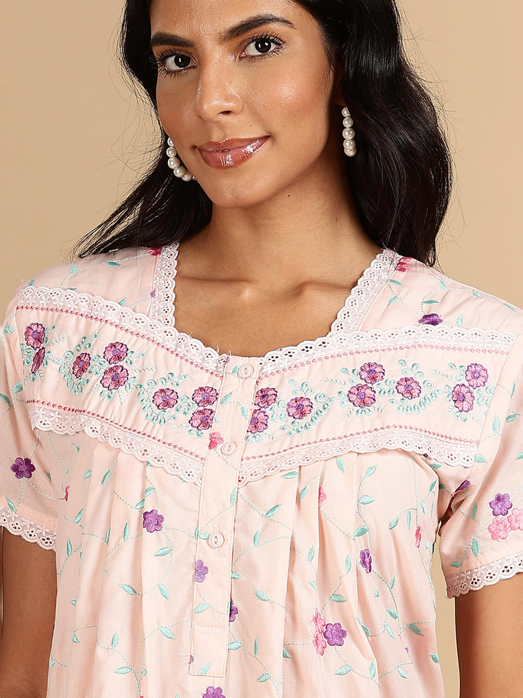 Peach Blossom Pure Cotton Nighty with Floral Embroidery