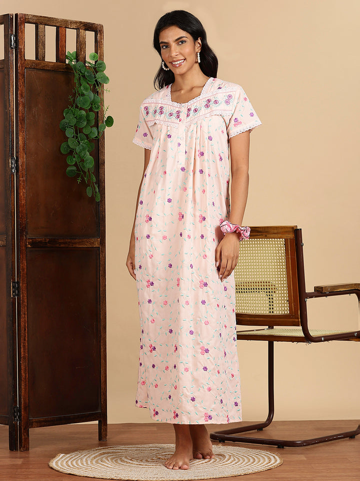 Peach Blossom Pure Cotton Nighty with Floral Embroidery