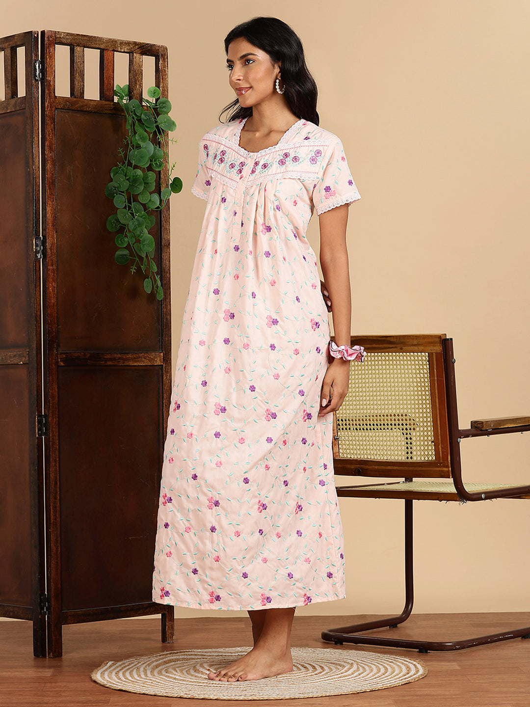 Peach Blossom Pure Cotton Nighty with Floral Embroidery