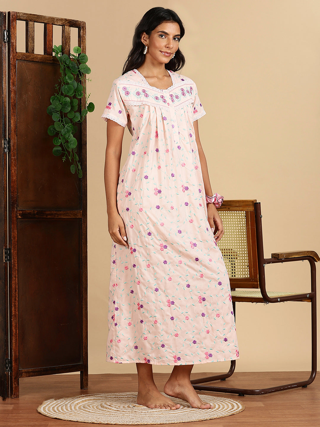 Peach Blossom Pure Cotton Nighty with Floral Embroidery