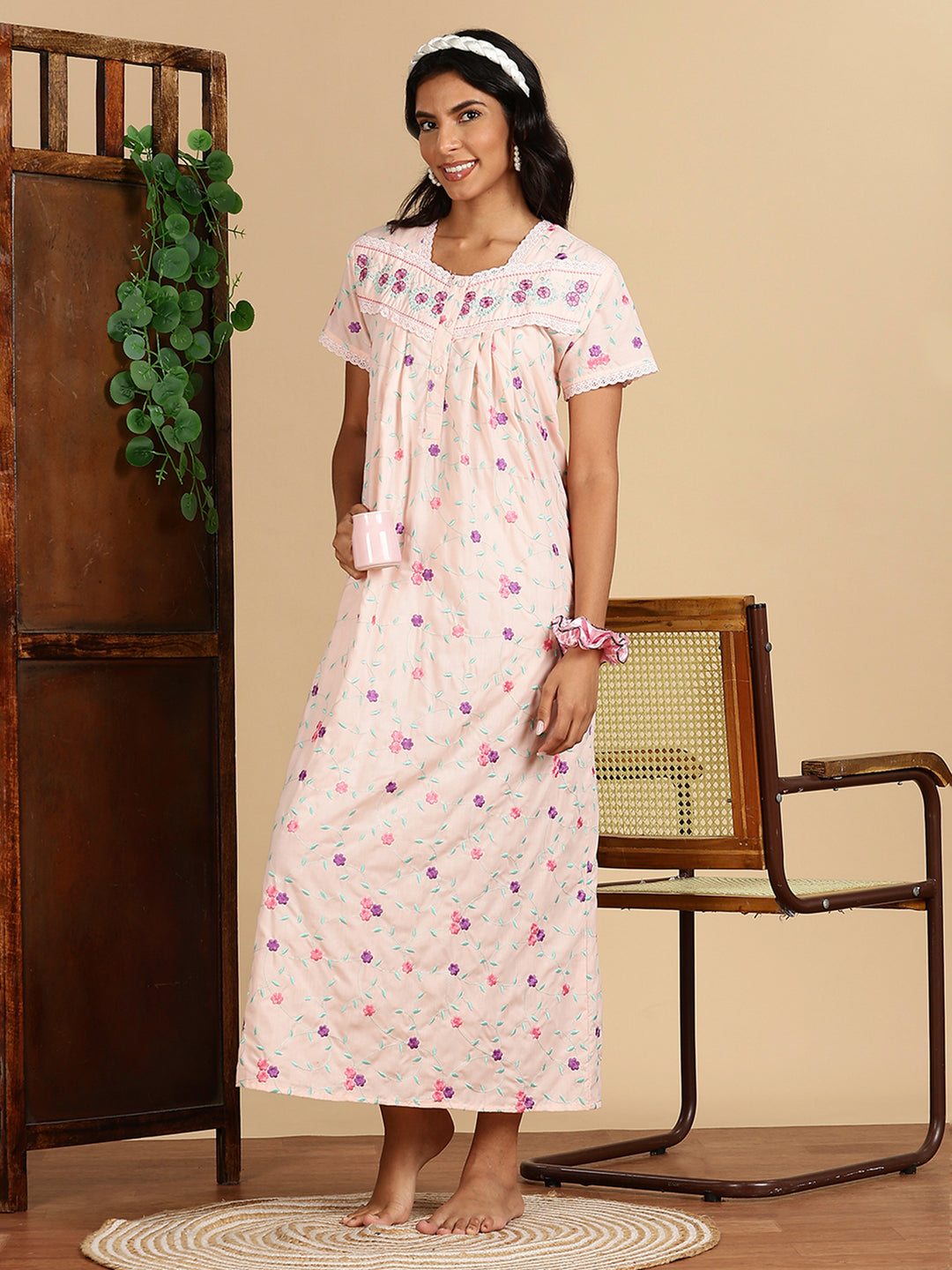 Peach Blossom Pure Cotton Nighty with Floral Embroidery