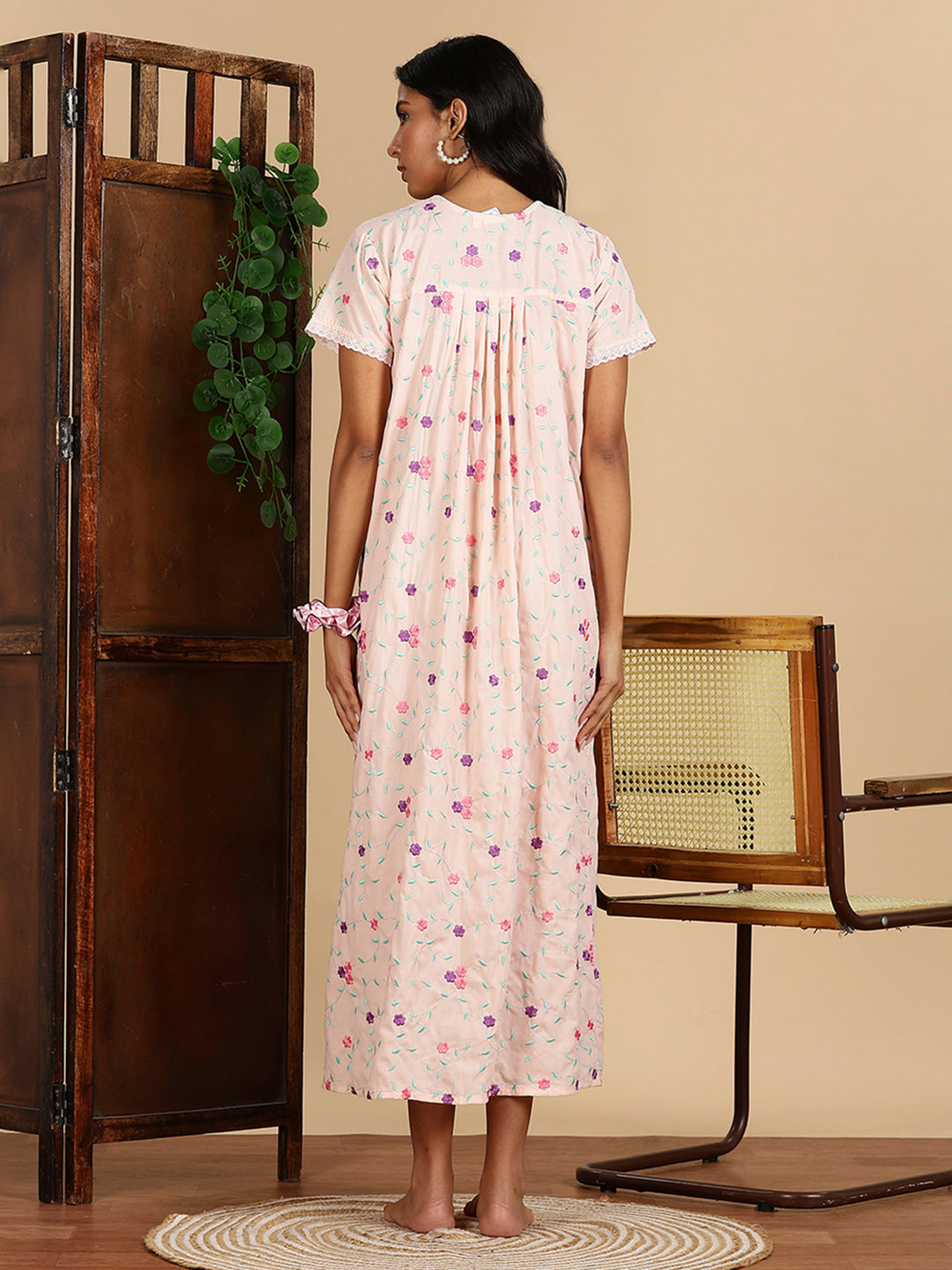 Peach Blossom Pure Cotton Nighty with Floral Embroidery