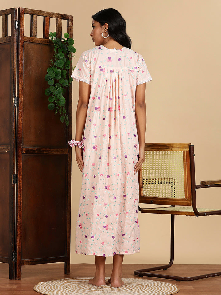 Peach Blossom Pure Cotton Nighty with Floral Embroidery