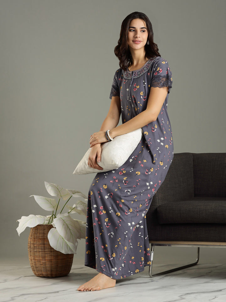 Hosiery Cotton Petal Grey Front Zip - Feeding Nighties