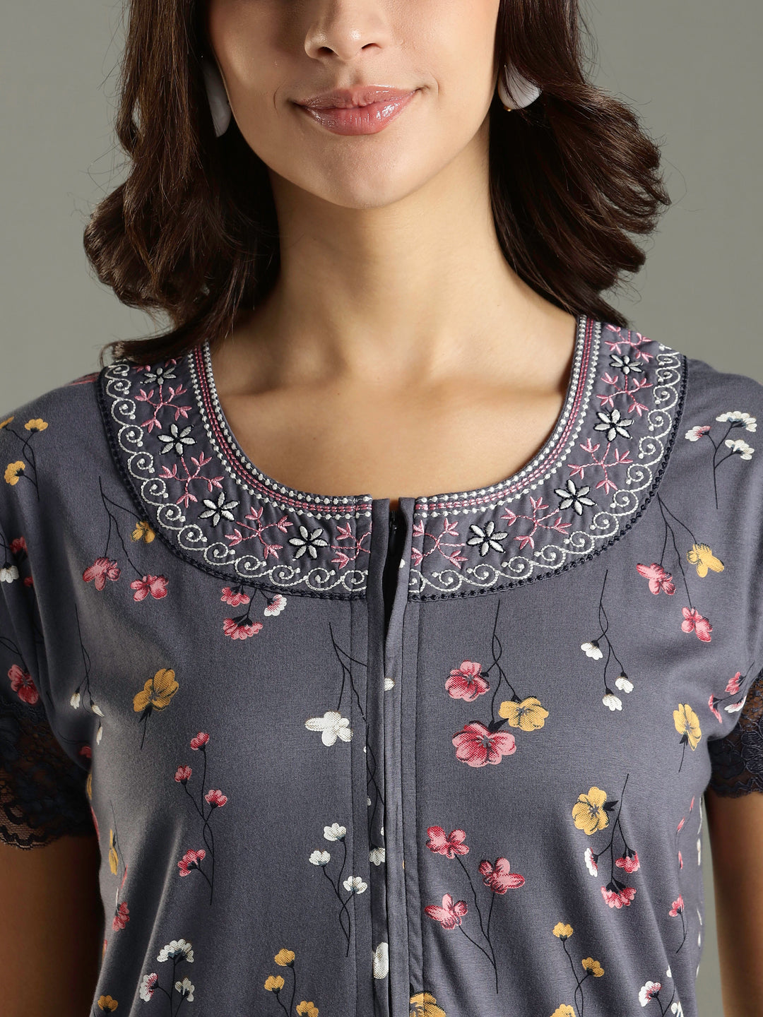 Hosiery Cotton Petal Grey Front Zip - Feeding Nighties