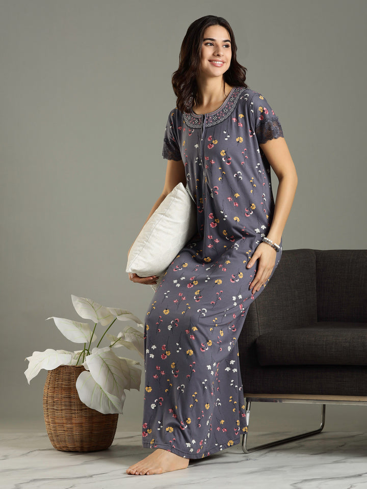 Hosiery Cotton Petal Grey Front Zip - Feeding Nighties