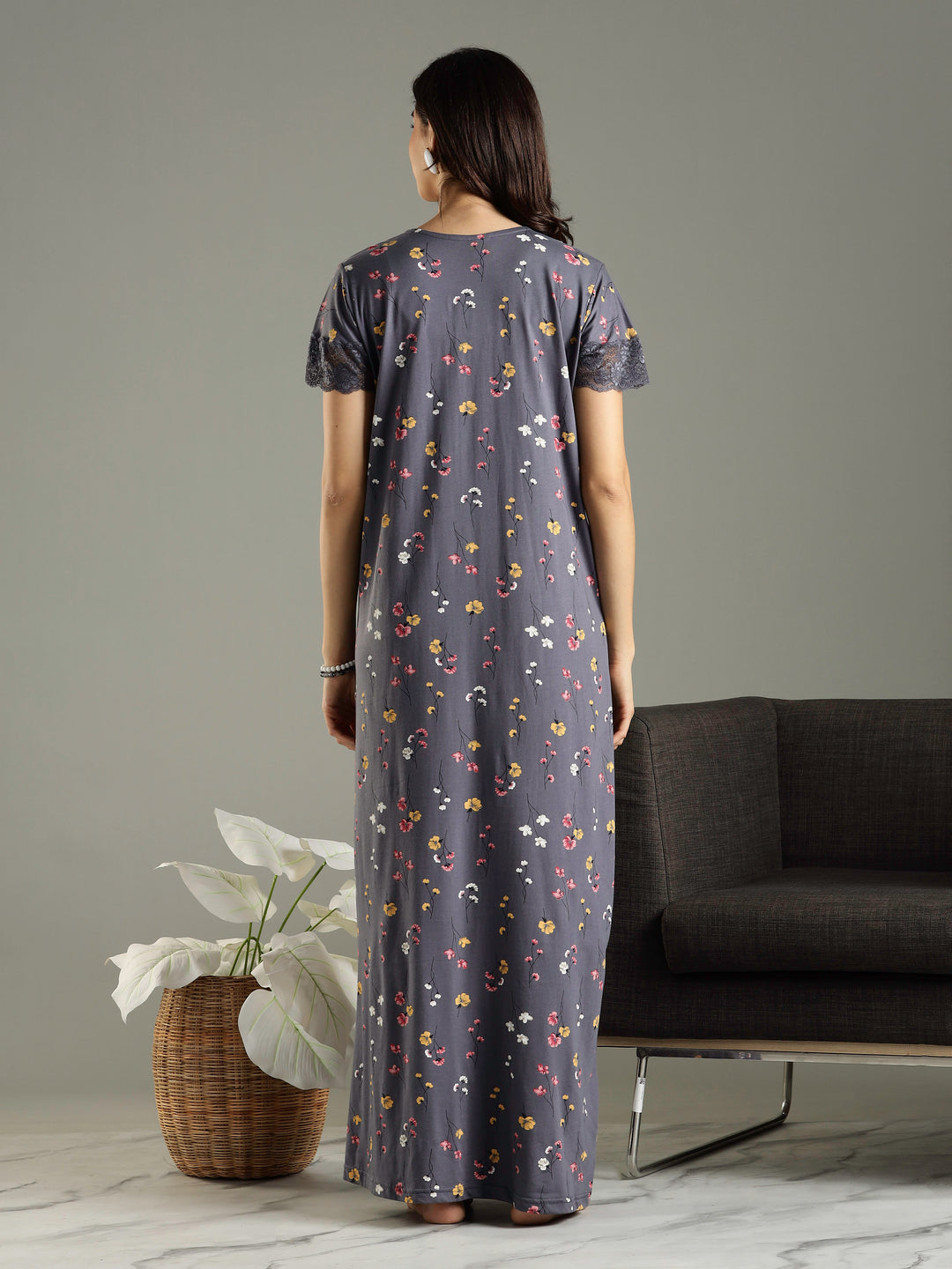 Hosiery Cotton Petal Grey Front Zip - Feeding Nighties