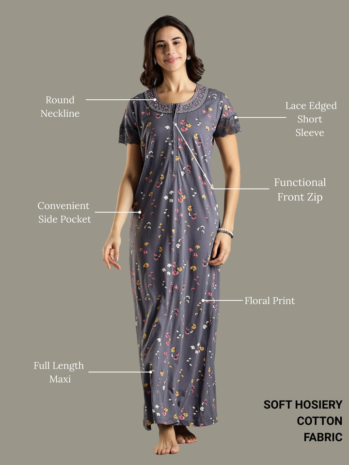 Hosiery Cotton Petal Grey Front Zip - Feeding Nighties