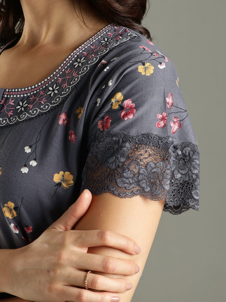 Hosiery Cotton Petal Grey Front Zip - Feeding Nighties