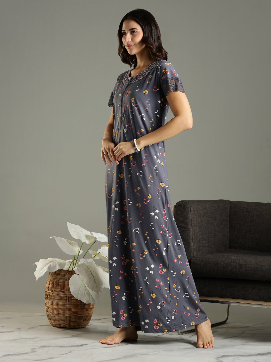 Hosiery Cotton Petal Grey Front Zip - Feeding Nighties