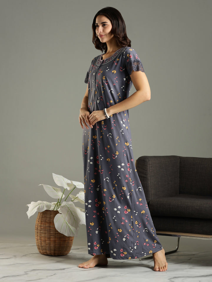 Hosiery Cotton Petal Grey Front Zip - Feeding Nighties