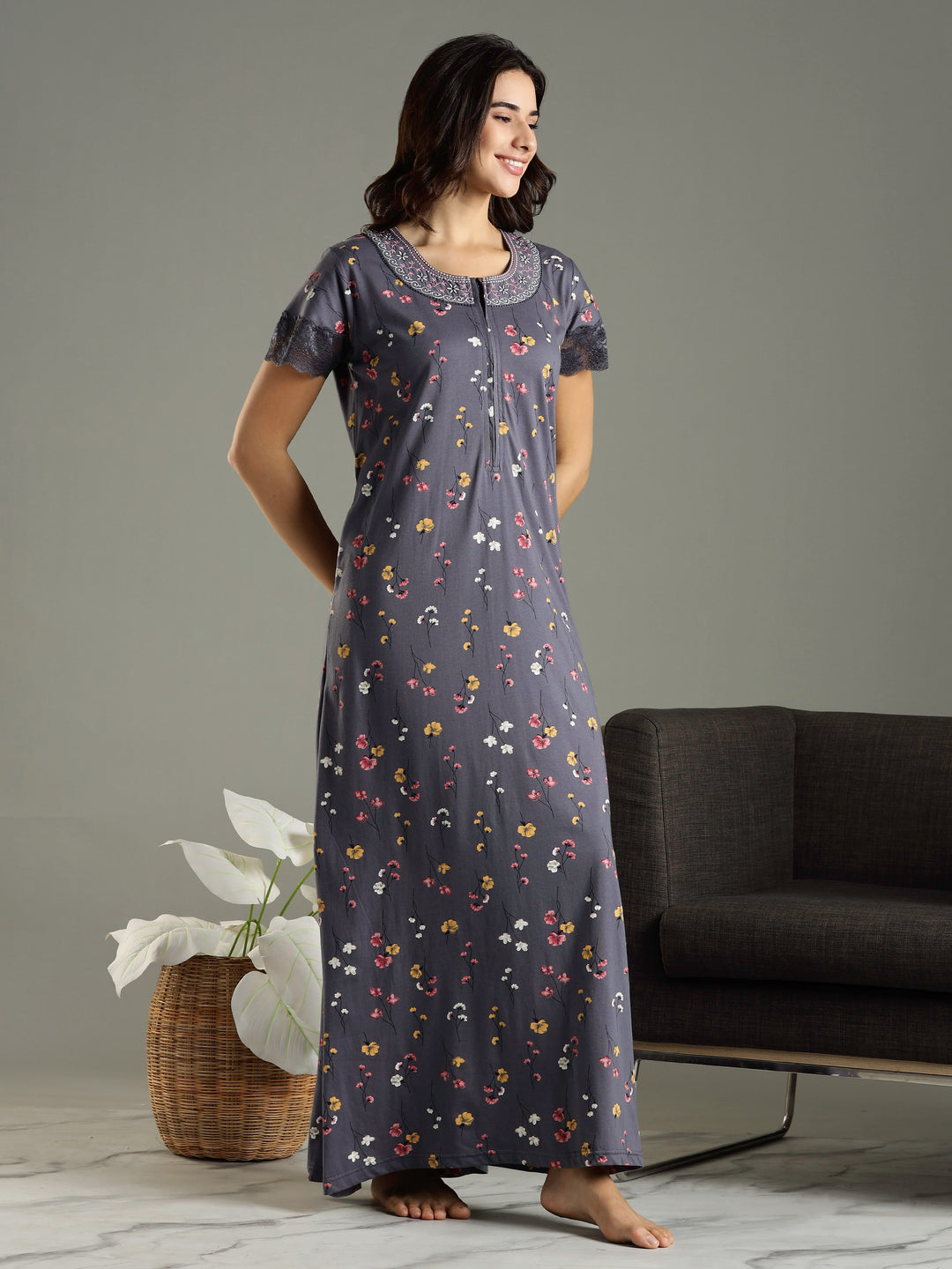 Hosiery Cotton Petal Grey Front Zip - Feeding Nighties