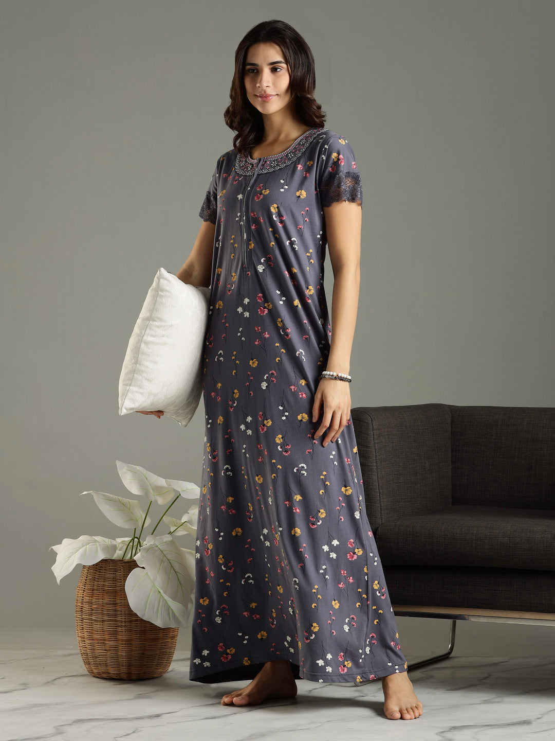 Hosiery Cotton Petal Grey Front Zip - Feeding Nighties