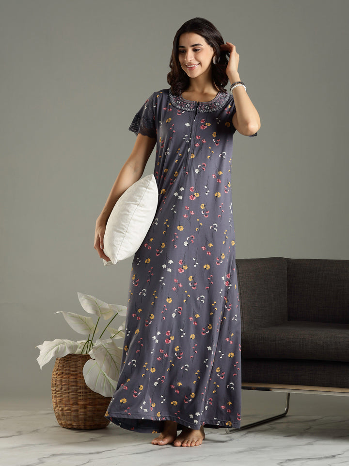 Hosiery Cotton Petal Grey Front Zip - Feeding Nighties