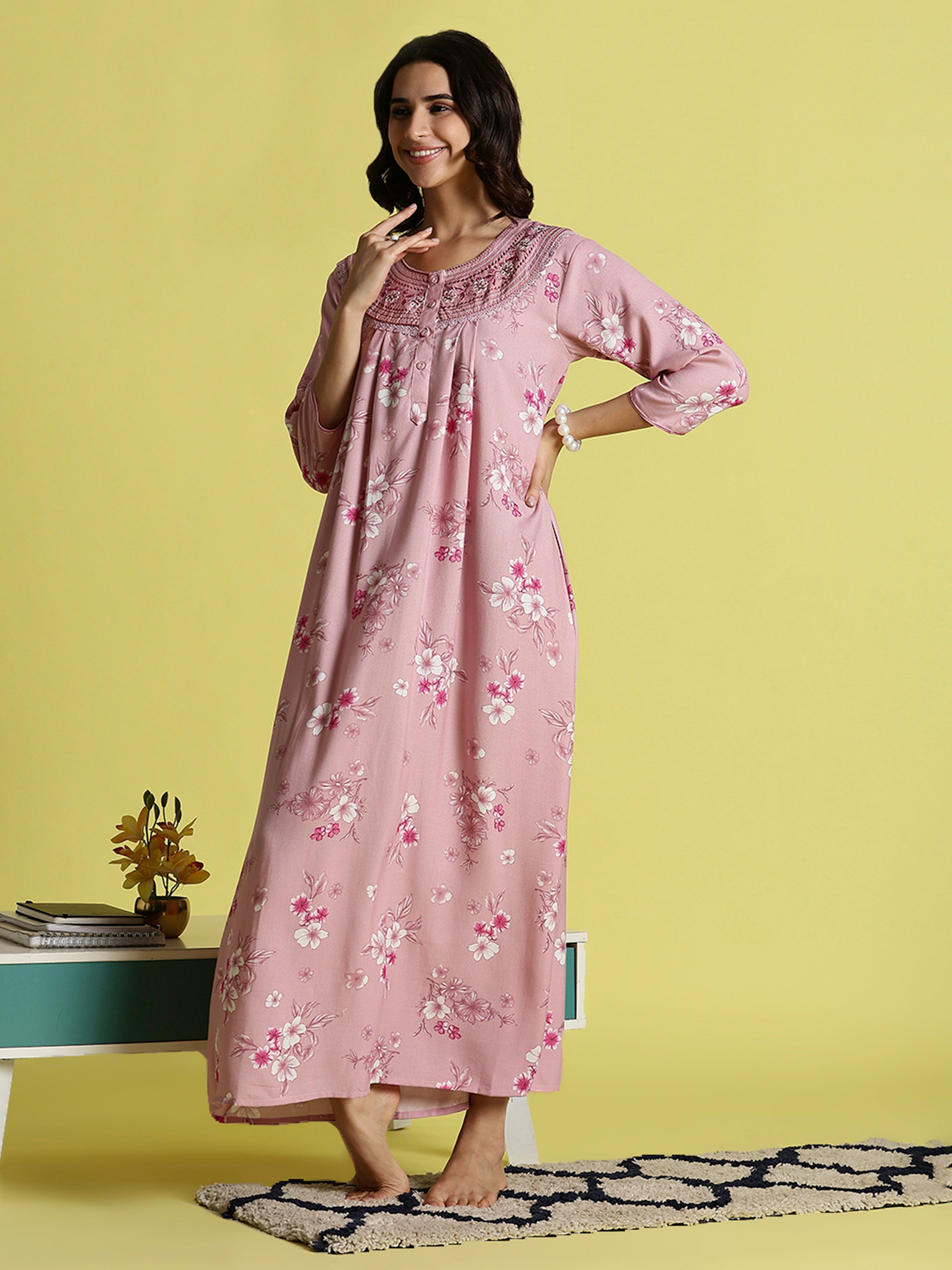 Candy Pink Embroidered Best Alpine Nighty for Women Online