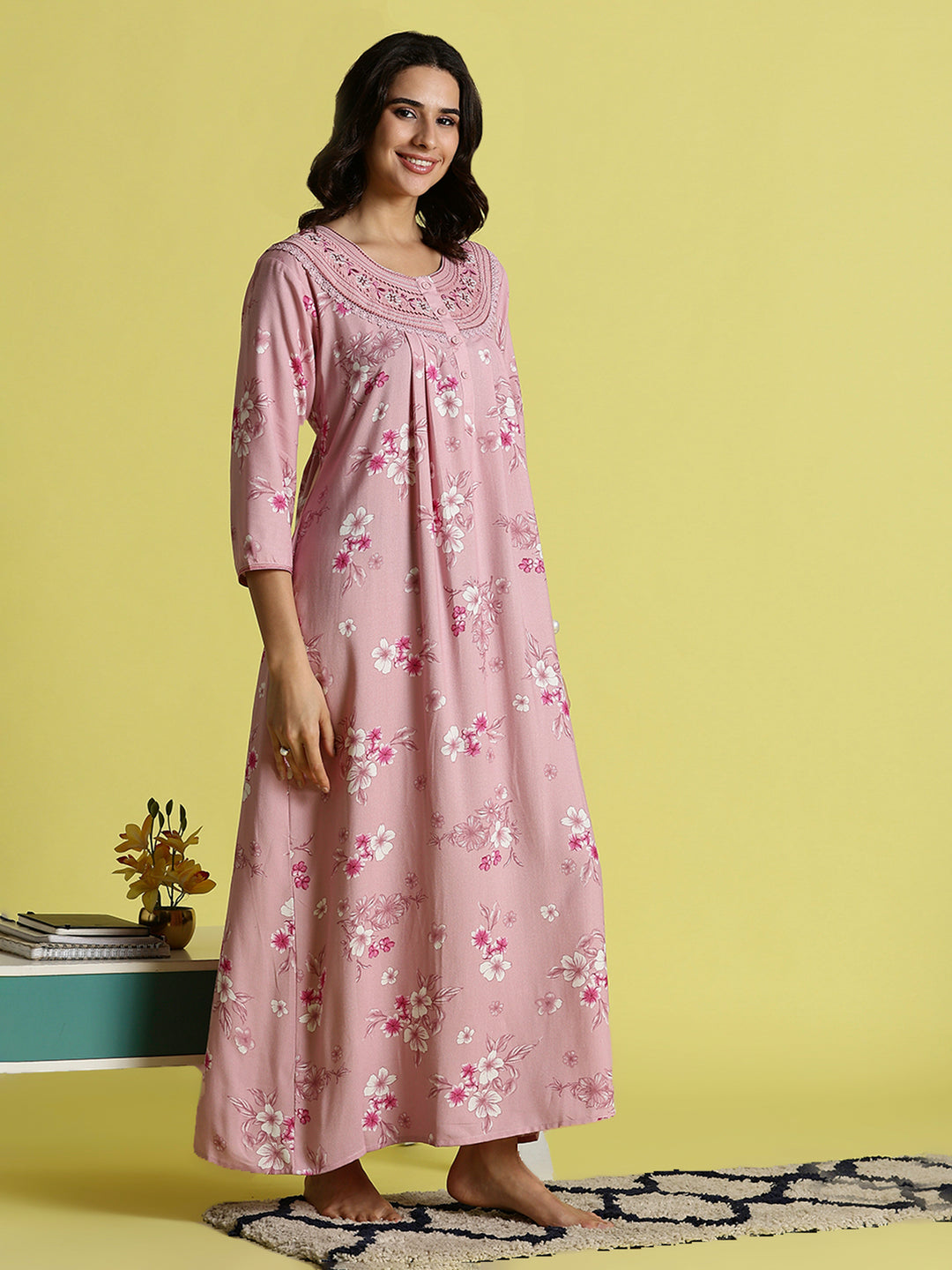 Candy Pink Embroidered Best Alpine Nighty for Women