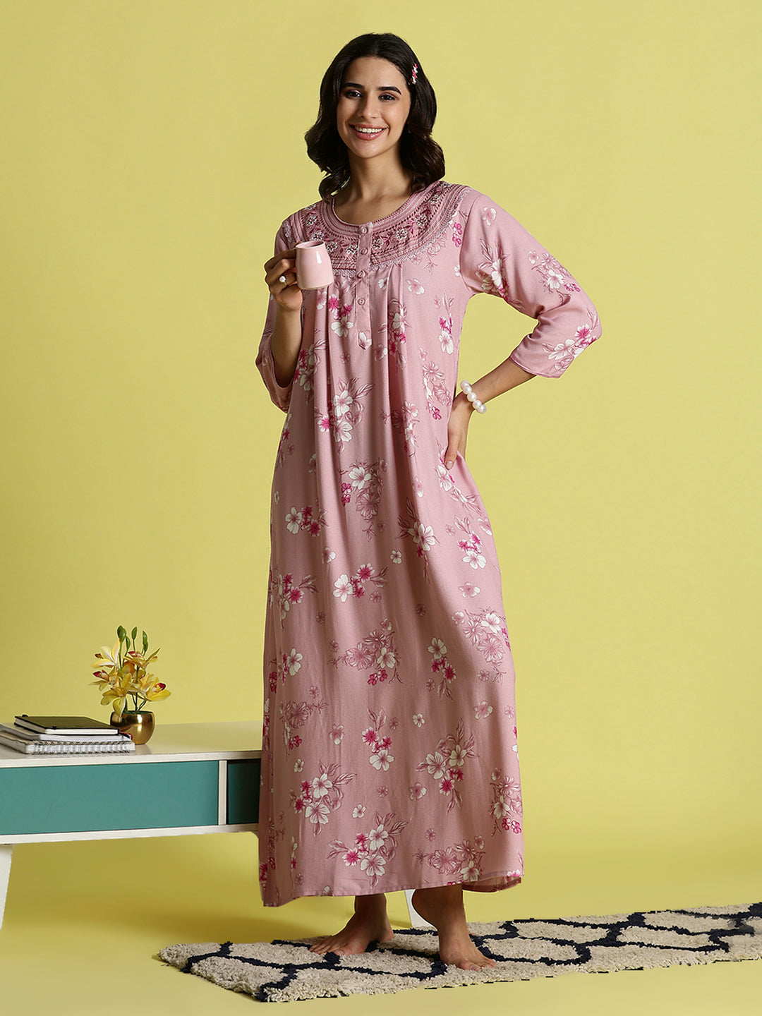 Candy Pink Embroidered Best Alpine Nighty for Women