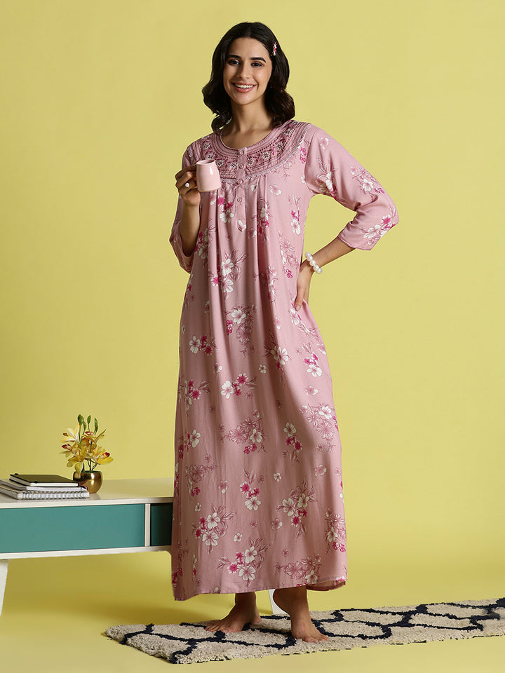 Candy Pink Embroidered Best Alpine Nighty for Women