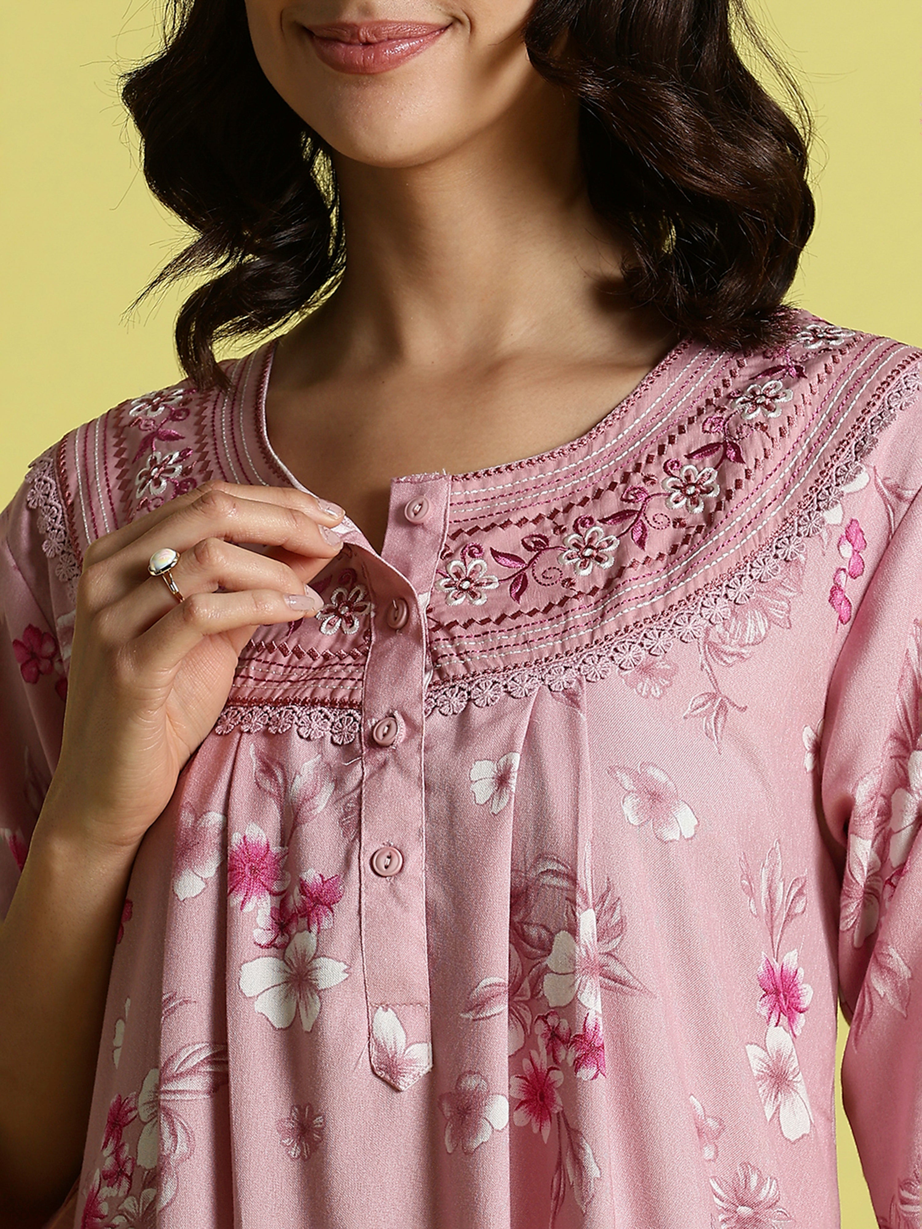 Candy Pink Embroidered Best Alpine Nighty for Women Online