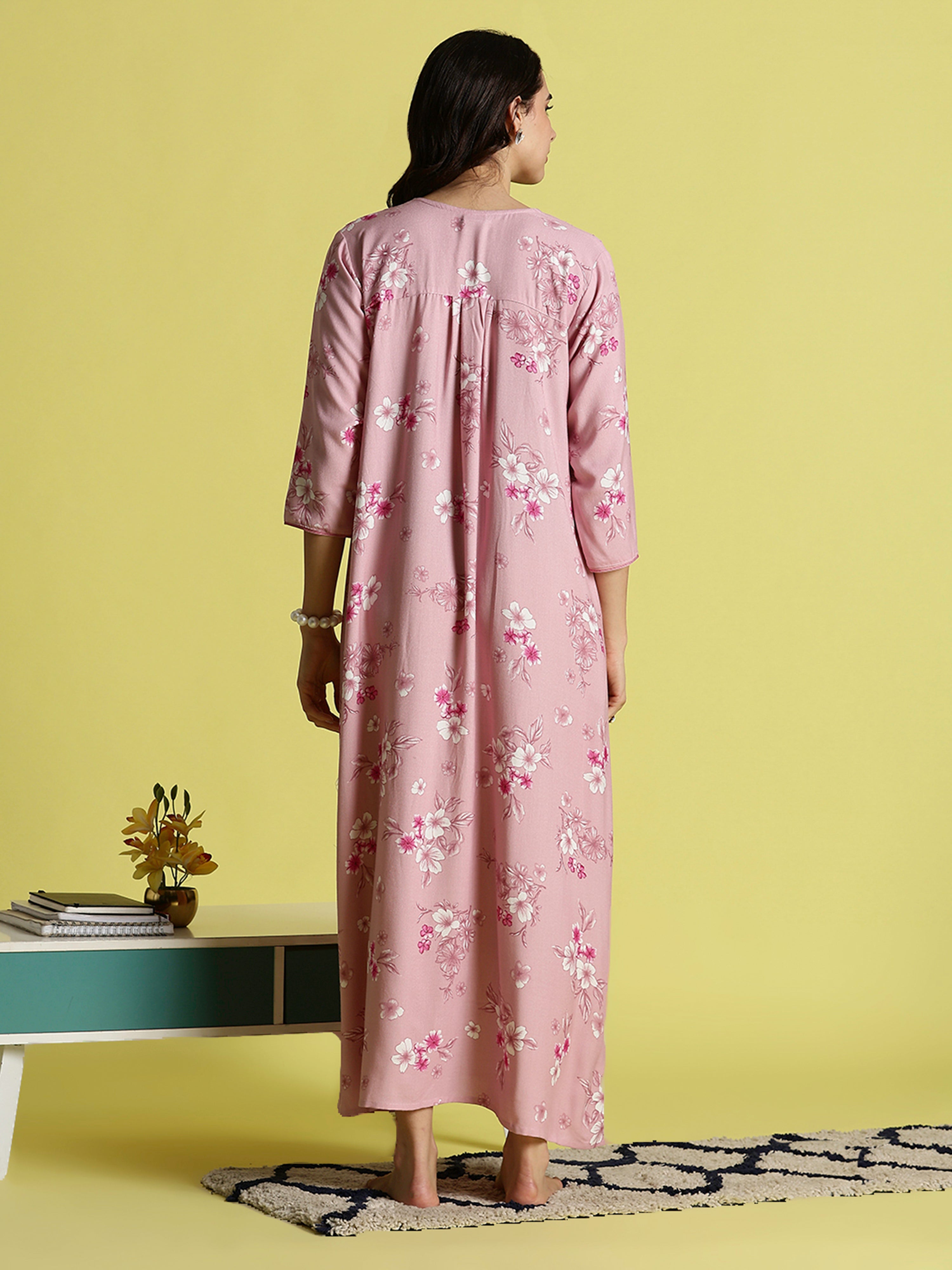 Candy Pink Embroidered Best Alpine Nighty for Women Online