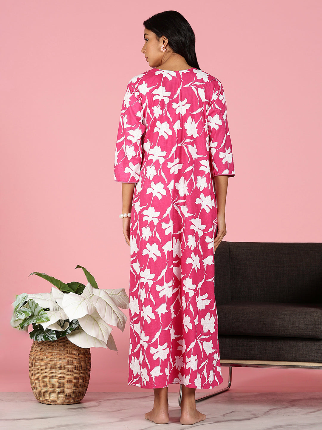 Pink Jaipuri Cotton Night Dress for Women With Embroidery