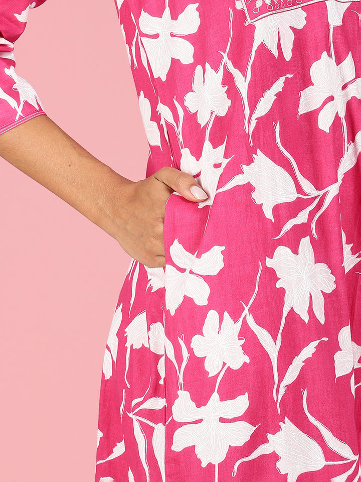 Pink Jaipuri Cotton Night Dress for Women With Embroidery