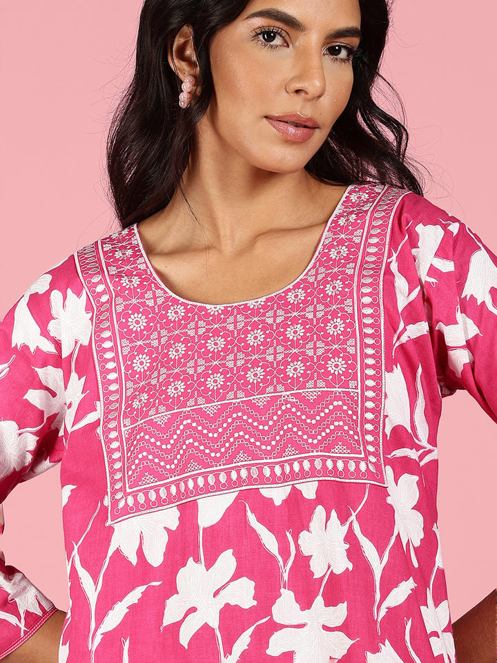 Pink Jaipuri Cotton Night Dress for Women With Embroidery