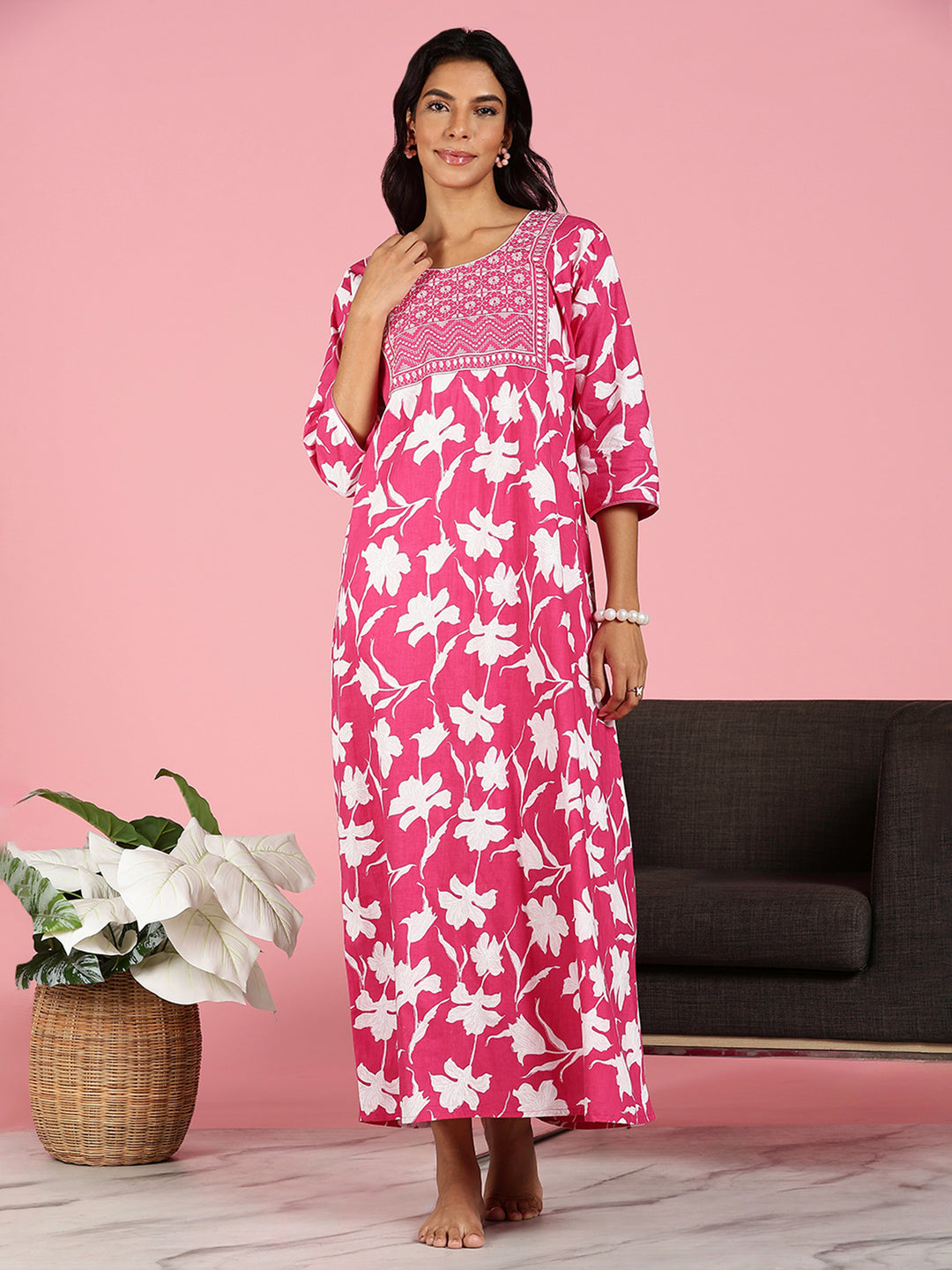 Pink Jaipuri Cotton Night Dress for Women With Embroidery