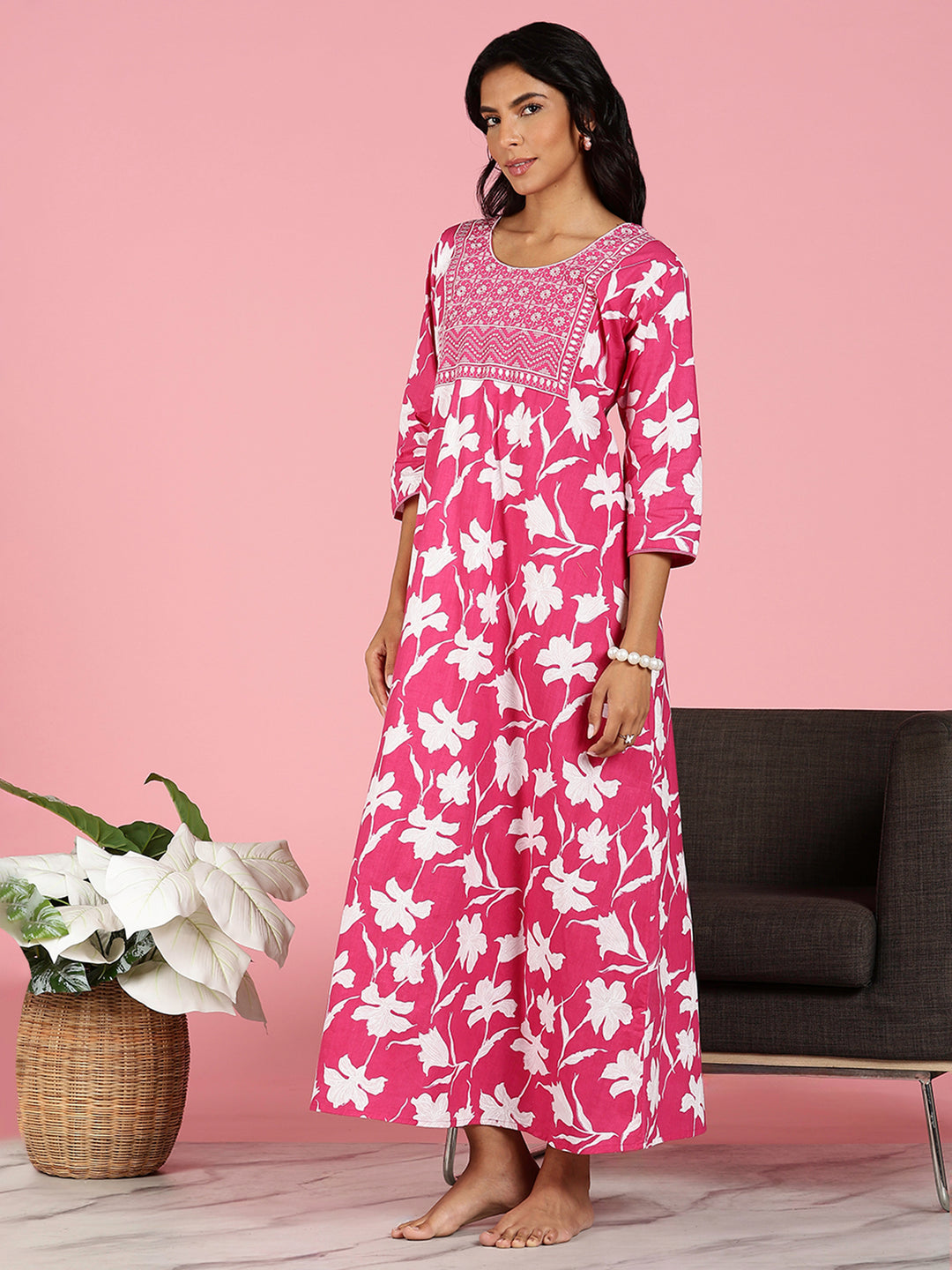 Pink Jaipuri Cotton Night Dress for Women With Embroidery
