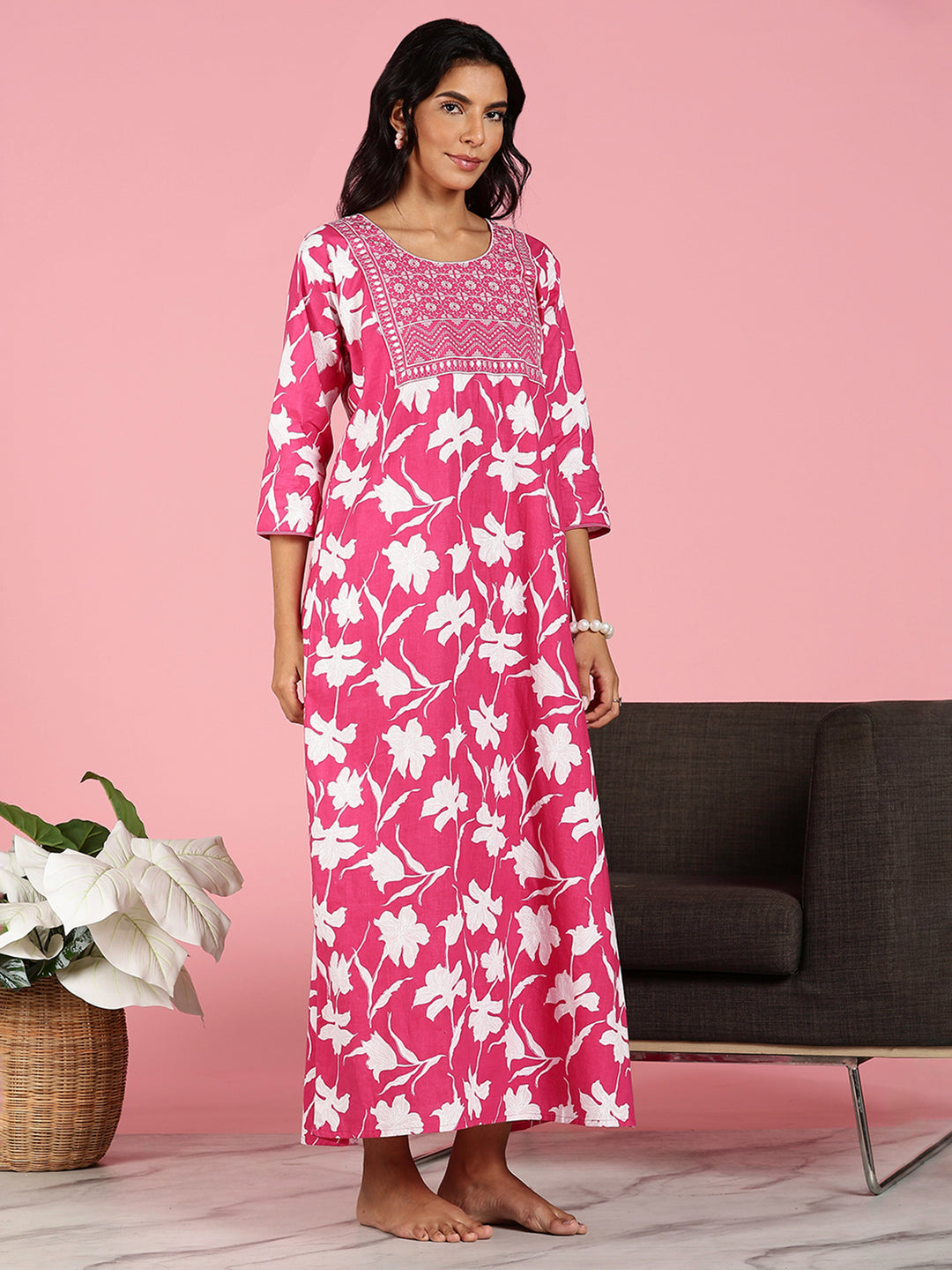 Pink Jaipuri Cotton Night Dress for Women With Embroidery