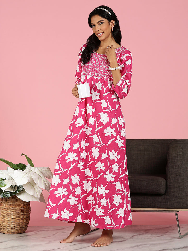 Pink Jaipuri Cotton Night Dress for Women With Embroidery
