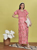 Salmon Pink Floral Print Jaipuri Cotton Nighty with V Neck and Pocket
