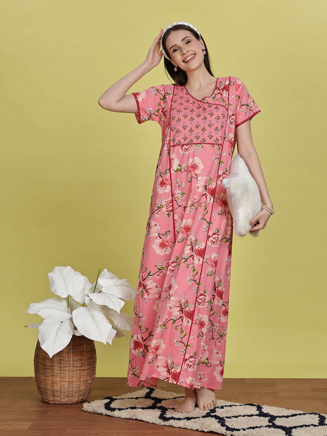 Buy Salmon Pink Jaipuri Cotton Night dress For Women Online Cotton / XXL/52