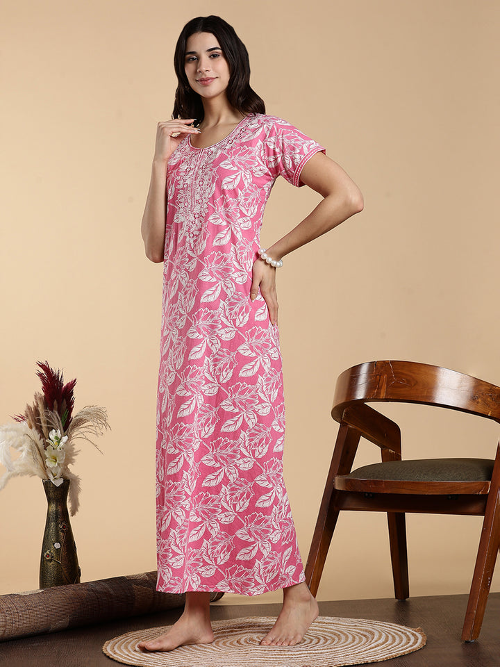 Blush Pink Embroidered Pure Cotton Nighty for Women