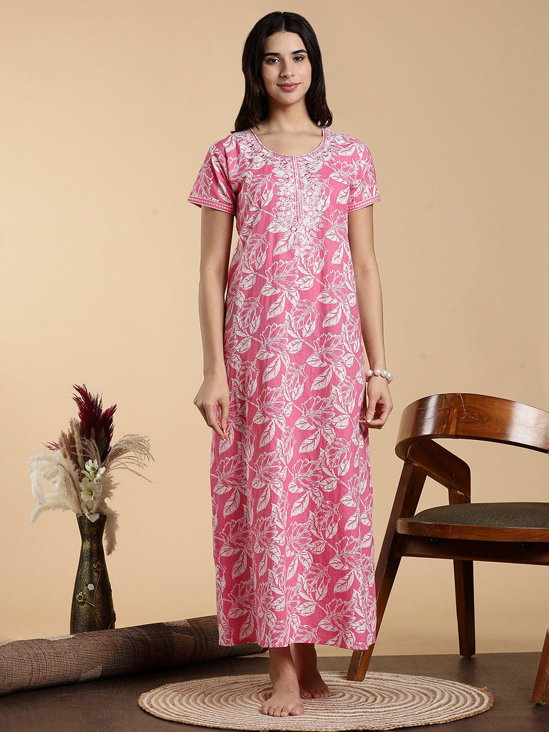 Blush Pink Embroidered Pure Cotton Nighty for Women