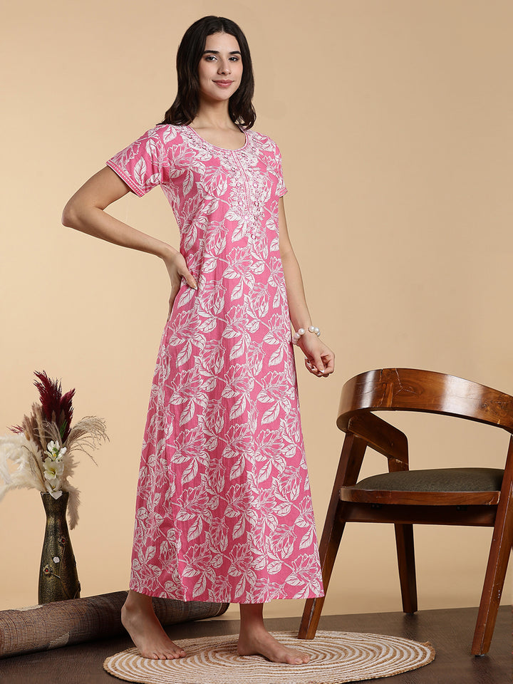 Blush Pink Embroidered Pure Cotton Nighty for Women