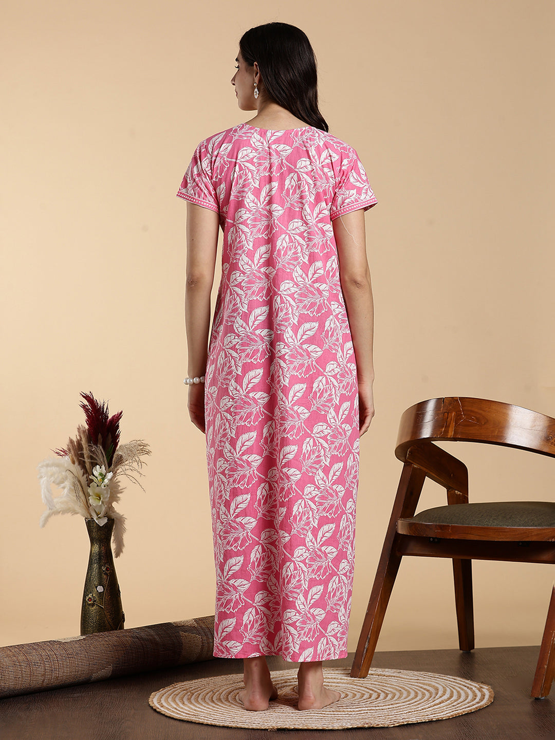 Blush Pink Embroidered Pure Cotton Nighty for Women
