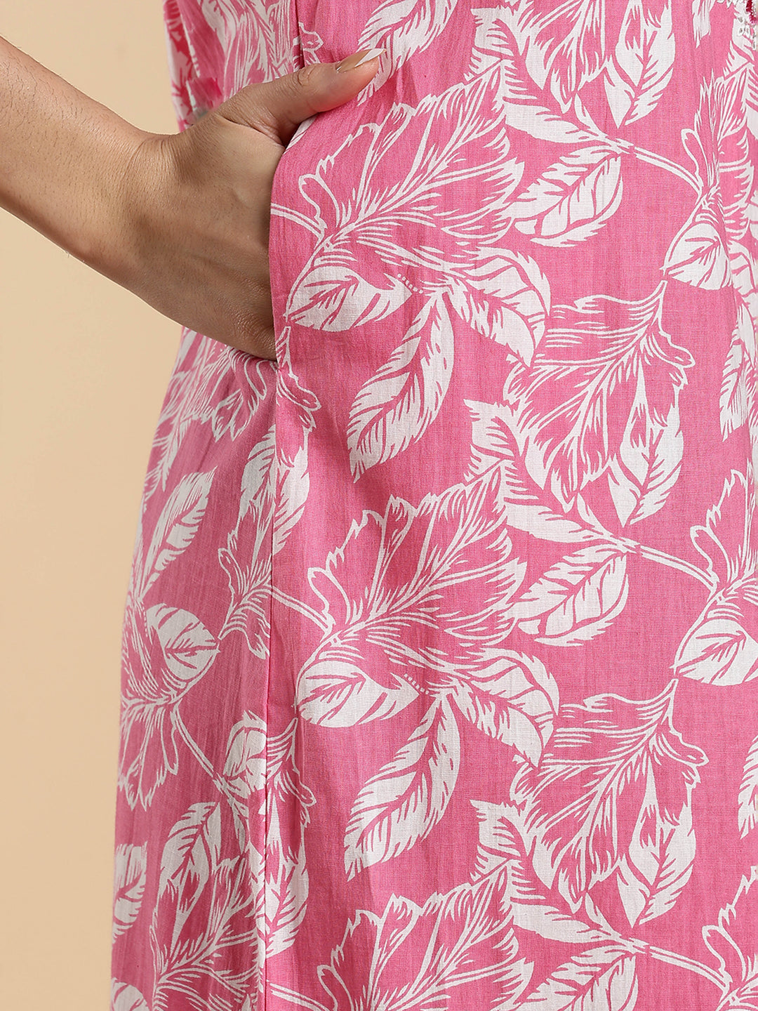 Blush Pink Embroidered Pure Cotton Nighty for Women