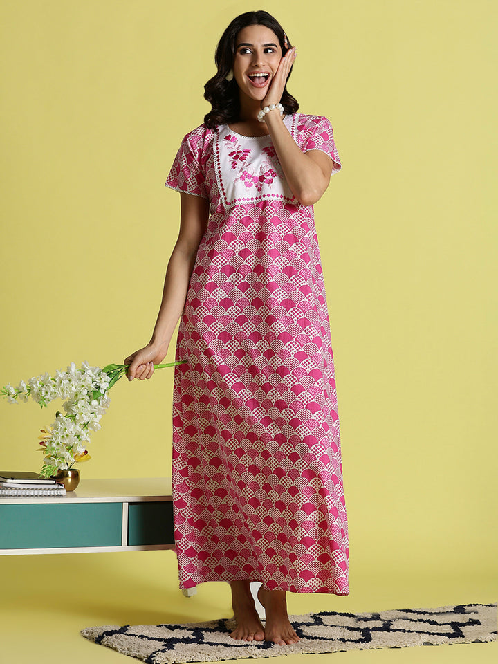 Pink Floral Cozy Pure Cotton Nighty For Women with Pocket