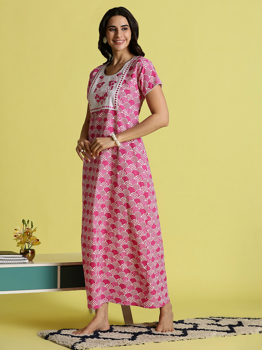 Pink Floral Cozy Pure Cotton Nighty For Women with Pocket