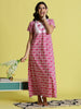 Pink Floral Cotton Nighty with Phulkari Yoke and Pocket