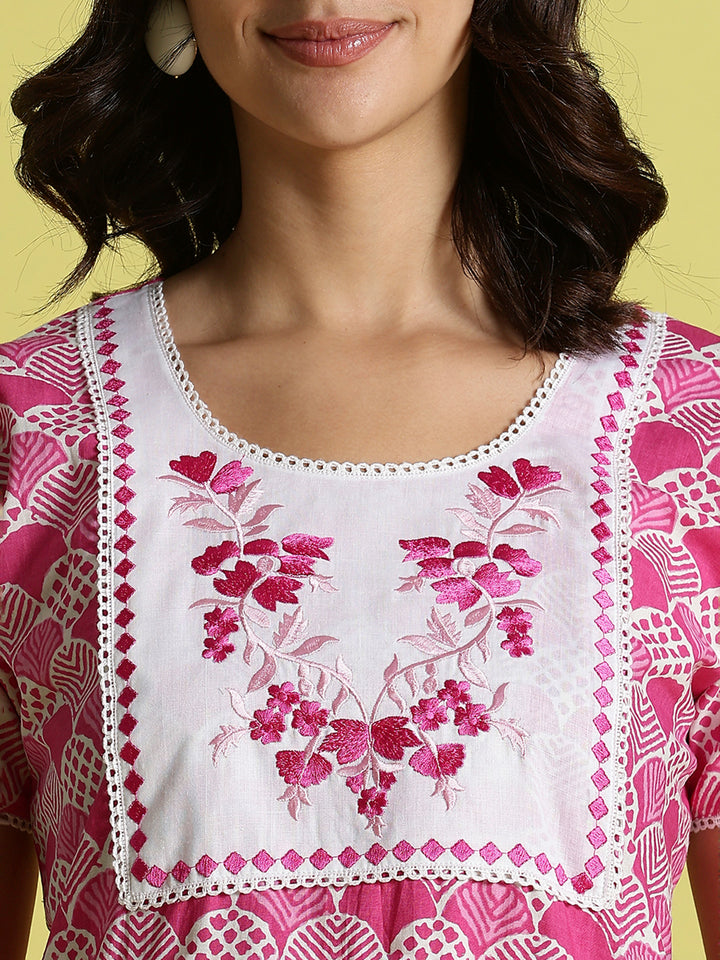 Pink Floral Cozy Pure Cotton Nighty For Women with Pocket