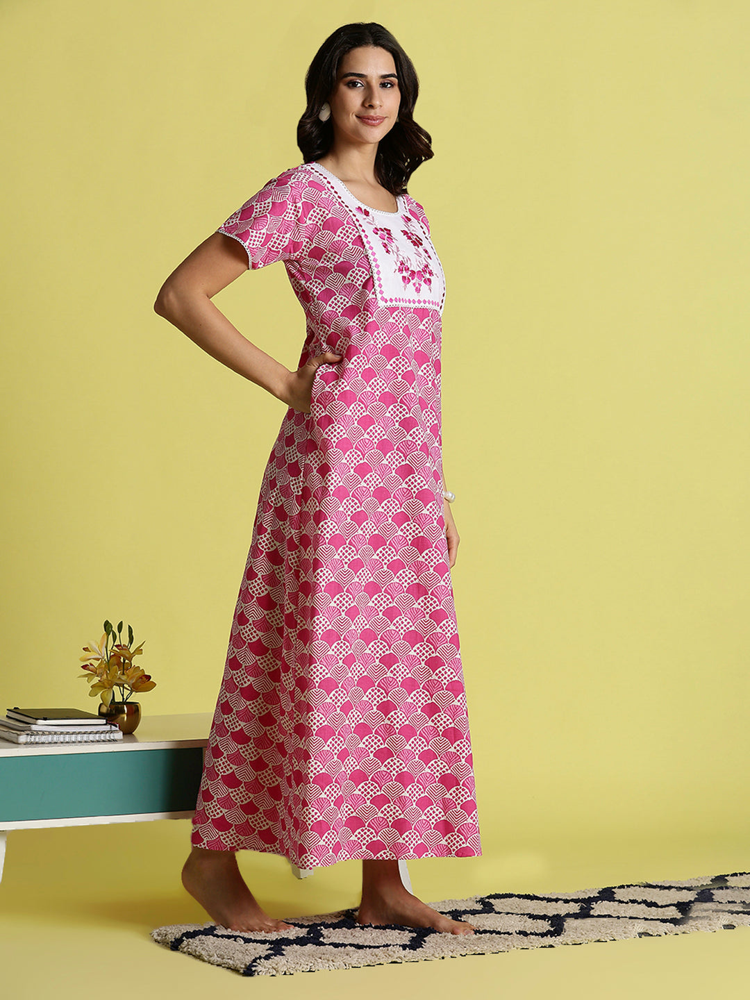 Pink Floral Cozy Pure Cotton Nighty For Women with Pocket