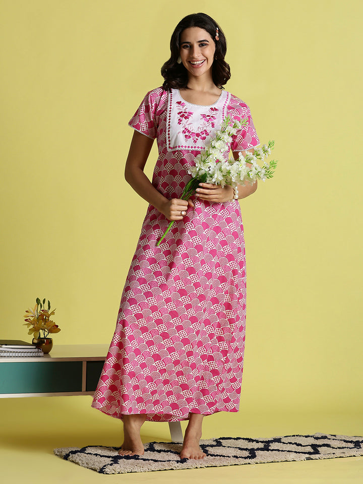Pink Floral Cozy Pure Cotton Nighty For Women with Pocket