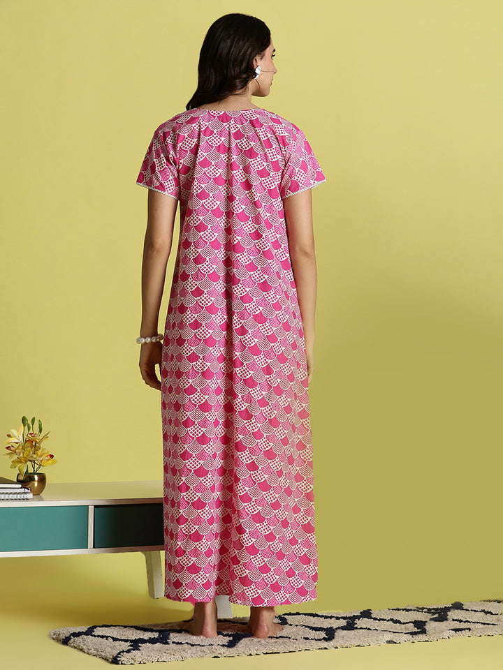 Pink Floral Cozy Pure Cotton Nighty For Women with Pocket