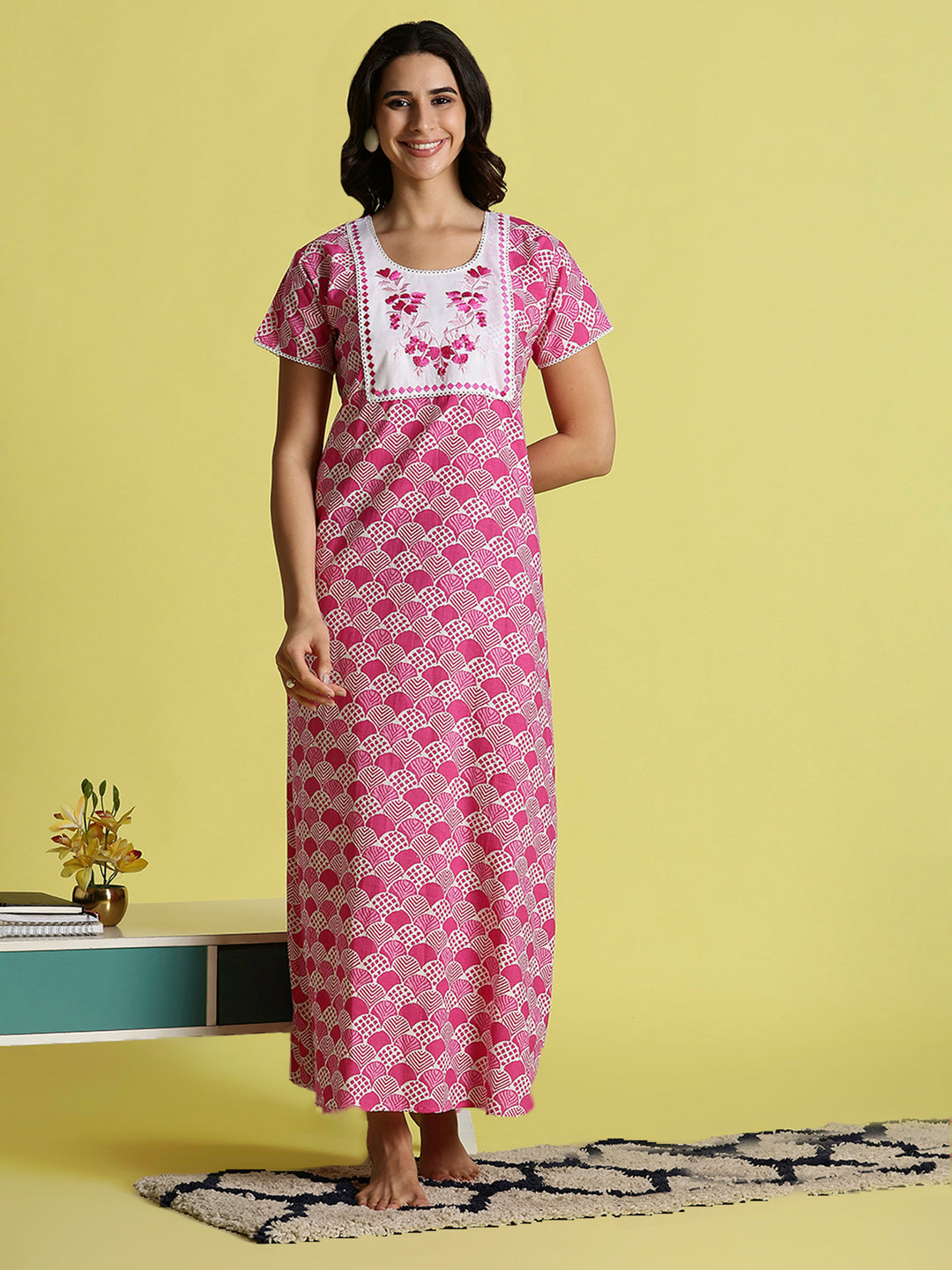 Pink Floral Cozy Pure Cotton Nighty For Women with Pocket