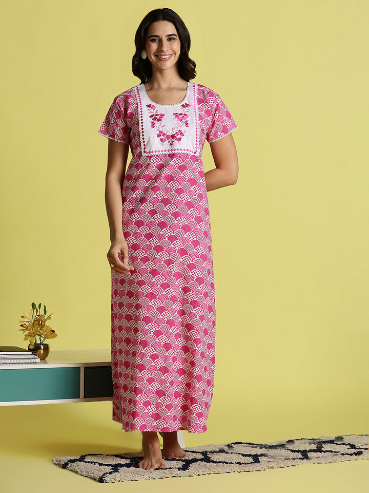 Pink Floral Cozy Pure Cotton Nighty For Women with Pocket