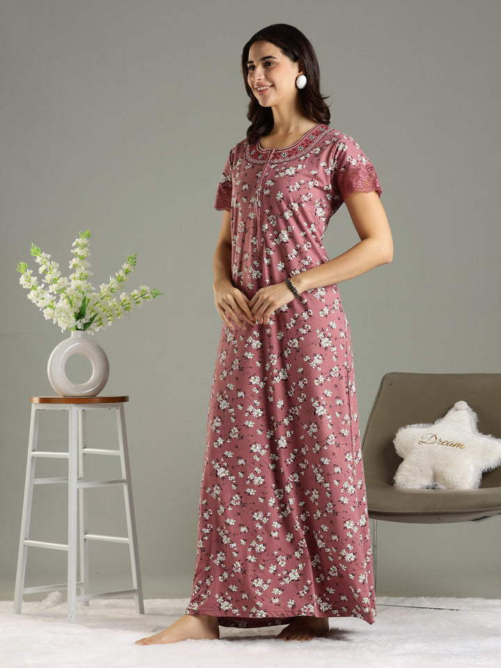 Hosiery Cotton Pink Floral Front Zip Feeding Nighties