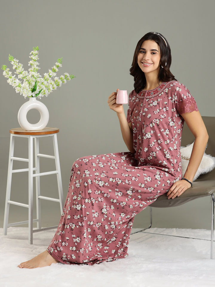 Hosiery Cotton Pink Floral Front Zip Feeding Nighties